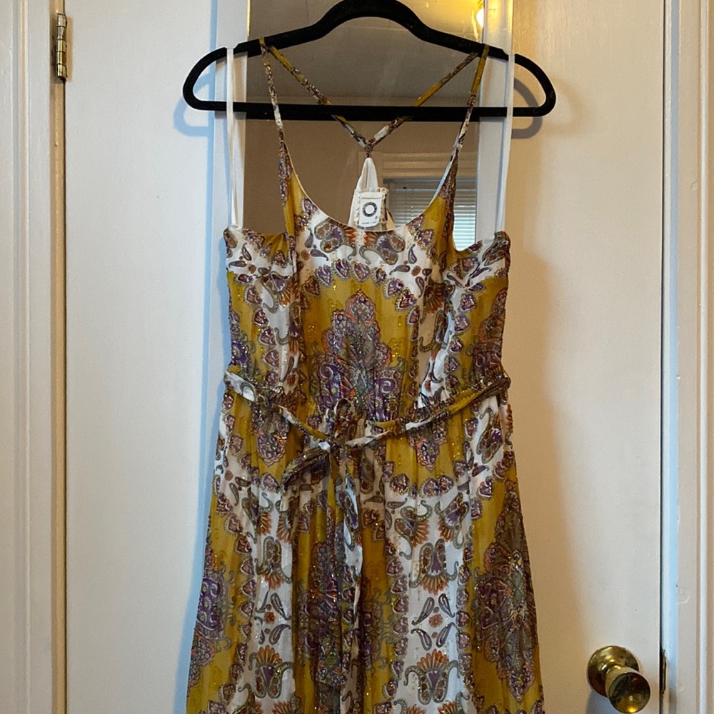 Anthropologie scarf print metallic maxi dress